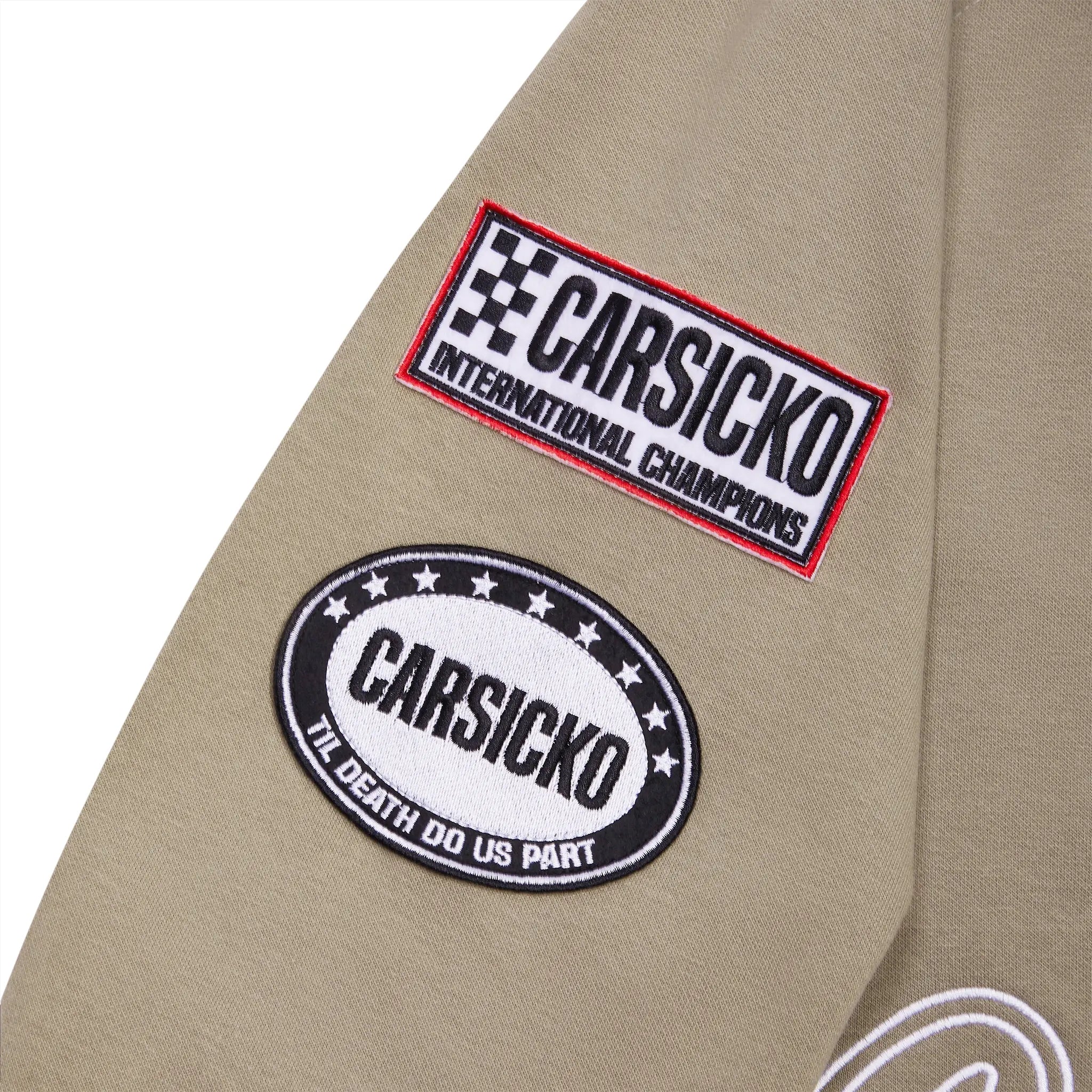 Sleeve view of Carsicko Racing Club Zip-Up Cream Hoodie